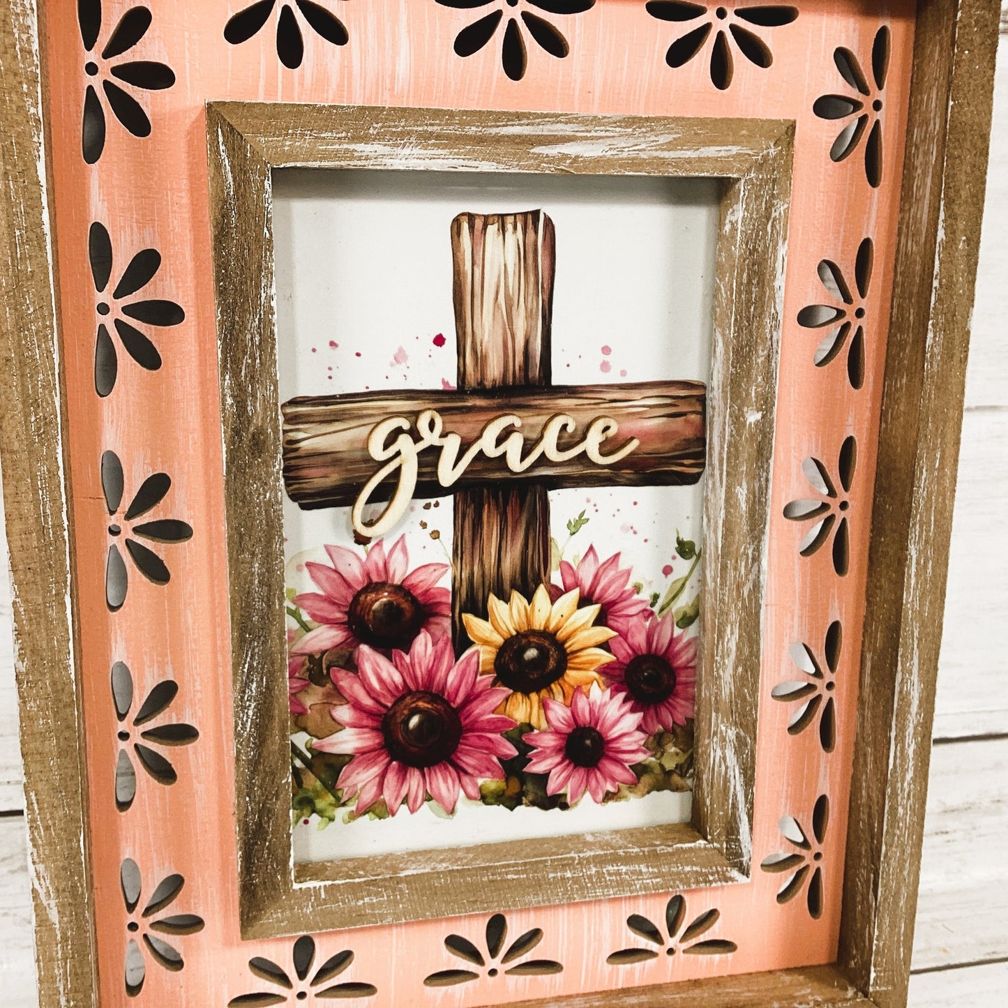 AGD Home Decor - Grace Cross Pink Sunflower Wood Tabletop Sign