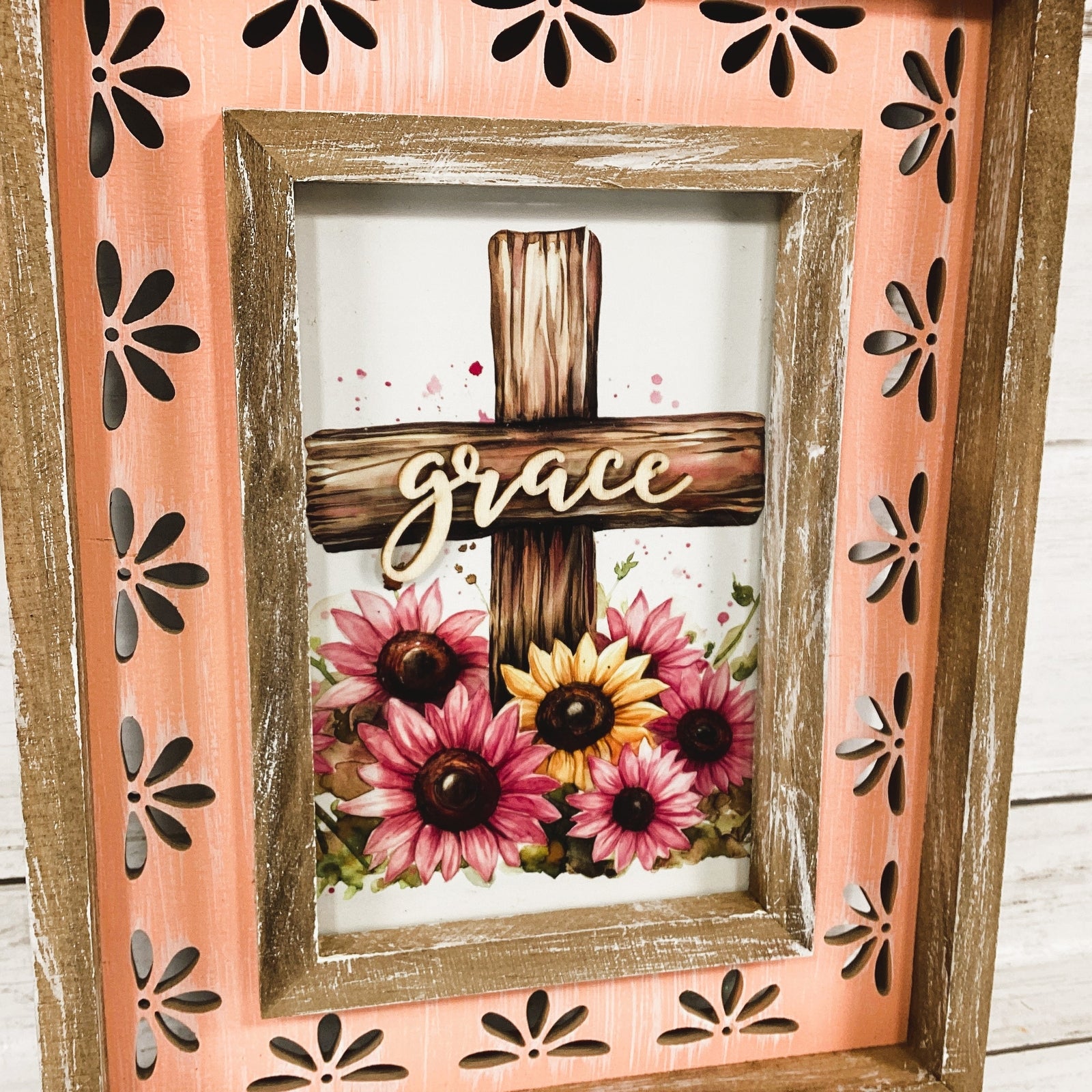 AGD Home Decor - Grace Cross Pink Sunflower Wood Tabletop Sign