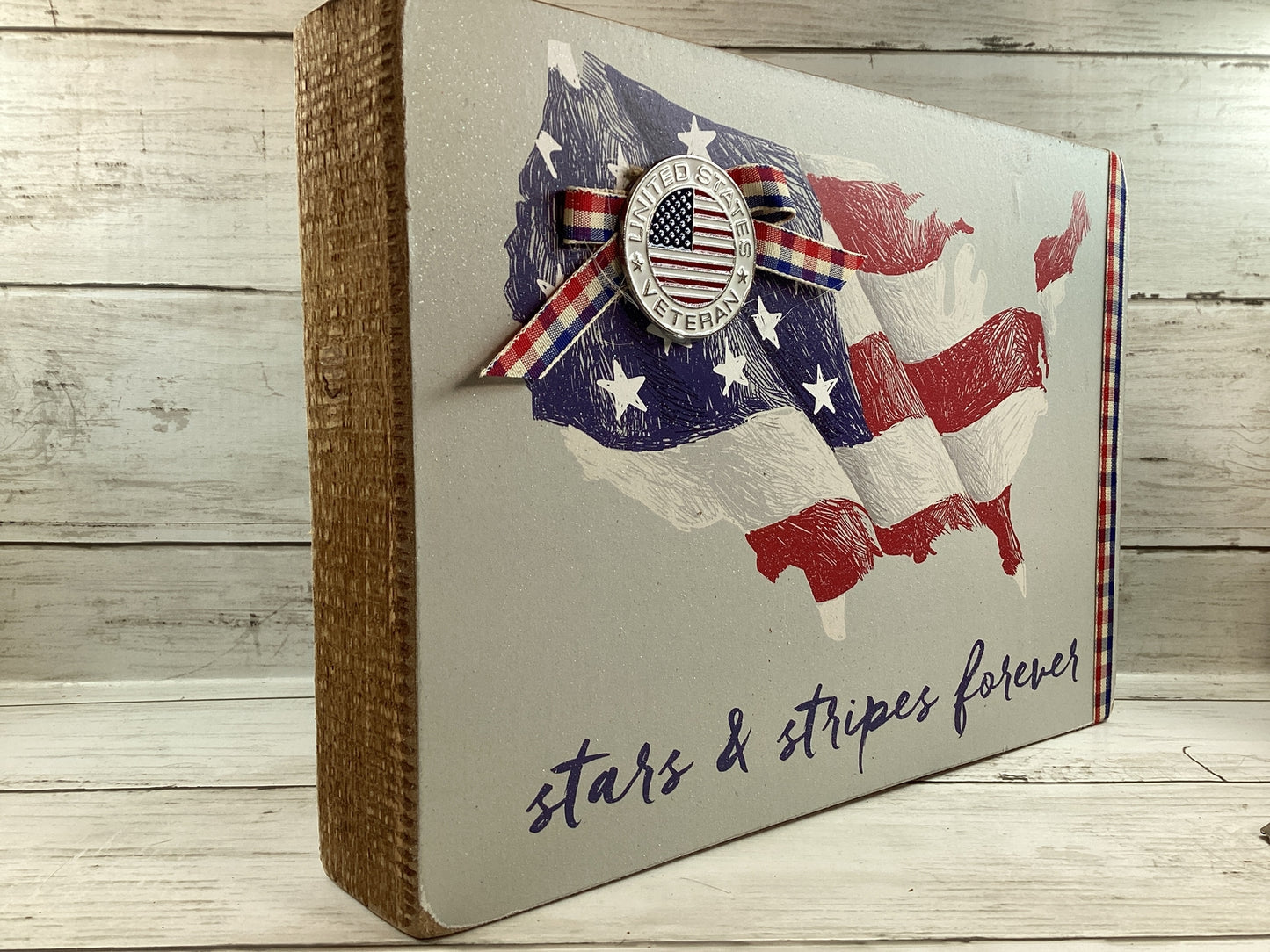 AGD Patriotic Decor - US Veteran Stars & Stripes Forever Wood Box Sign