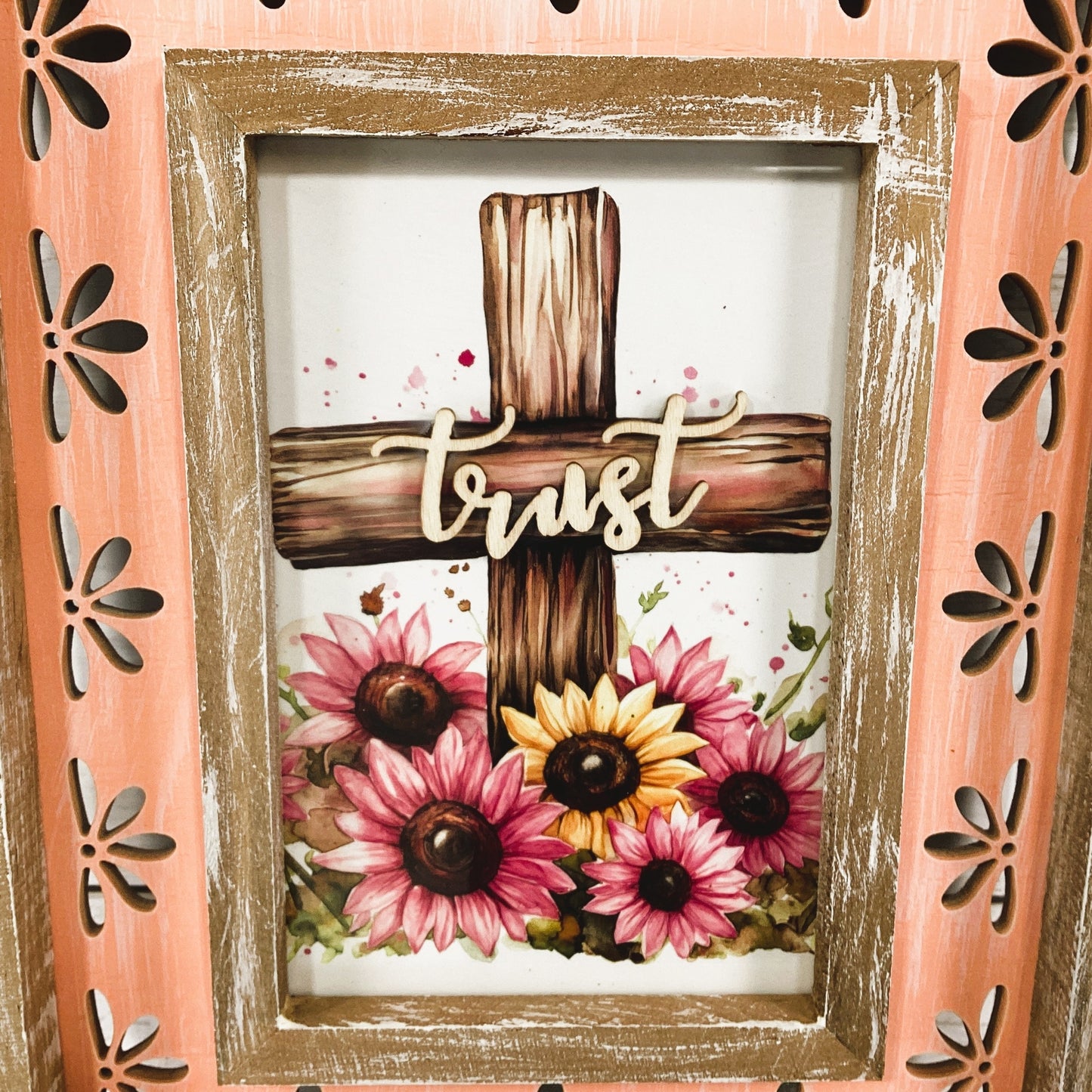 AGD Home Decor - Trust Cross Pink Sunflower Wood Tabletop Sign