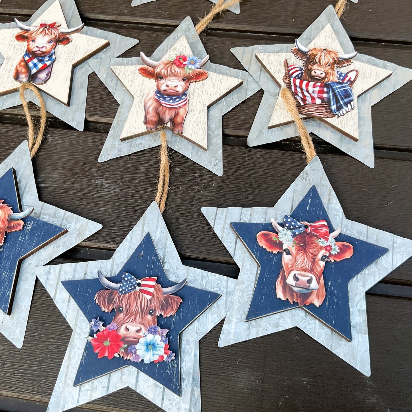 AGD Patriotic Decor - July 4th Highland Cow Metal Star Ornaments 12pc Set