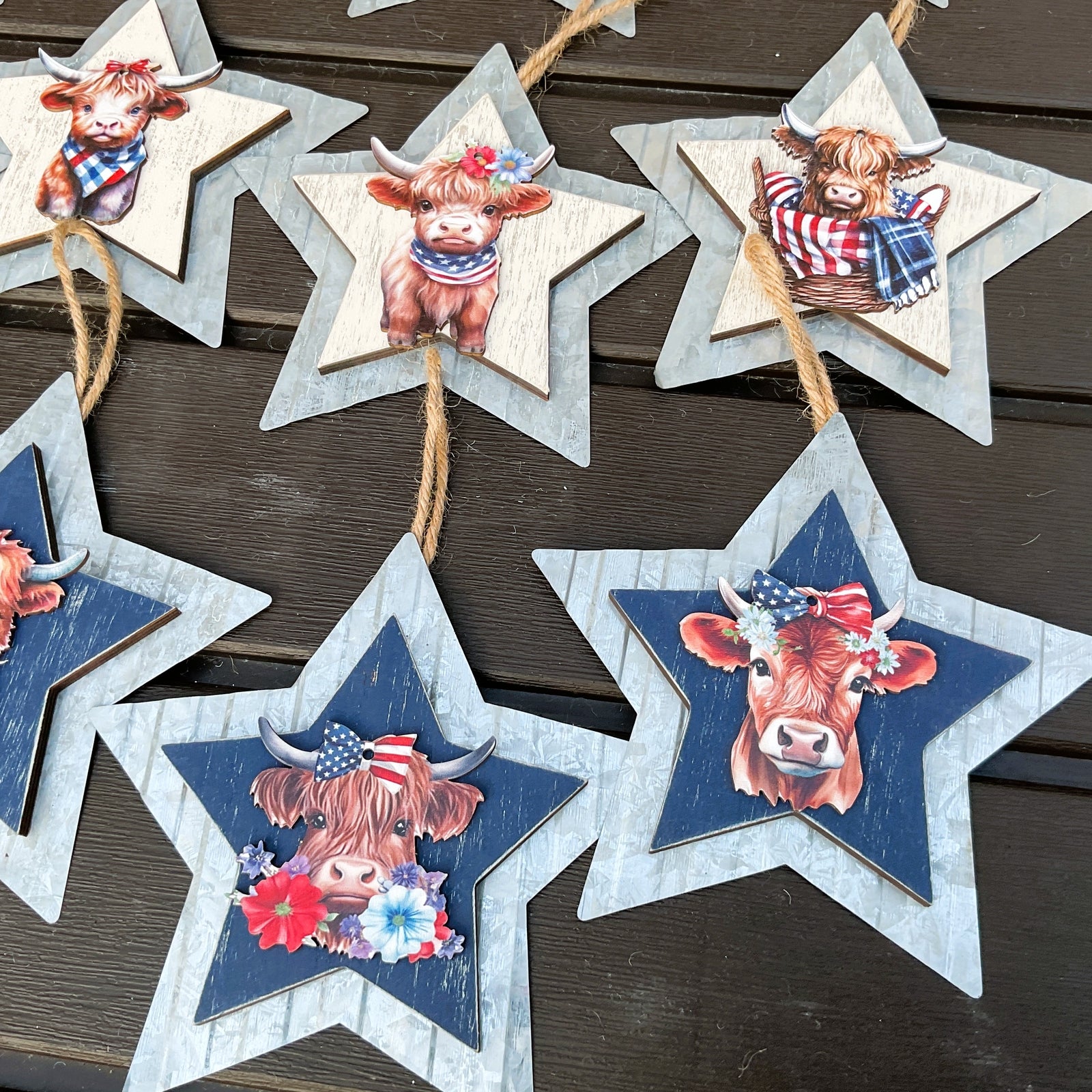 AGD Patriotic Decor - July 4th Highland Cow Metal Star Ornaments 12pc Set