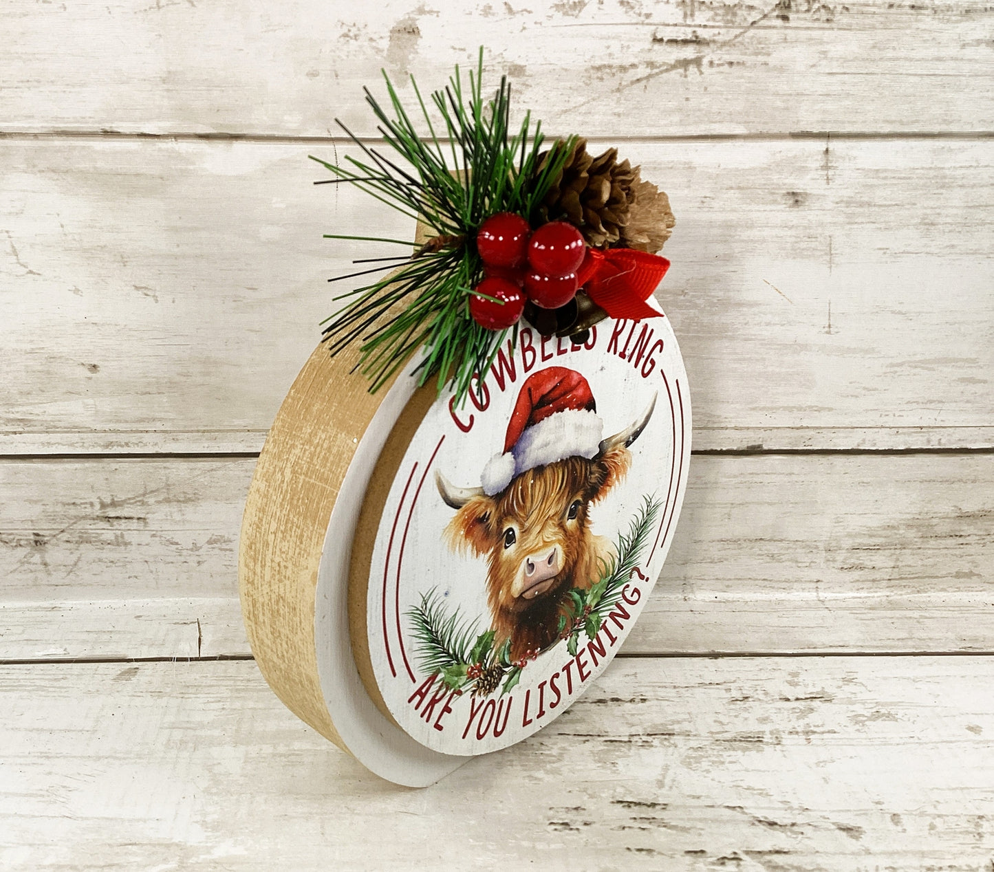 AGD Christmas Decor -  Highland Cow Bells Chunky Wood Bulb Sitter