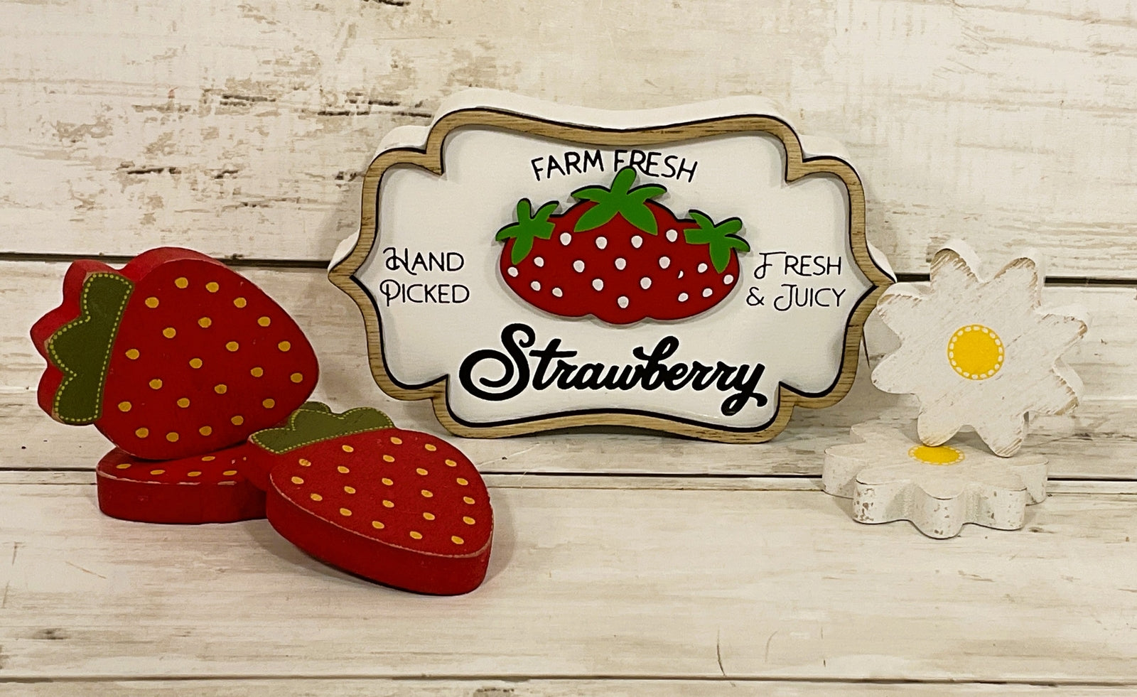 HL Summer Decor - Wood Strawberry Daisy Tier Tray Decor 6pc