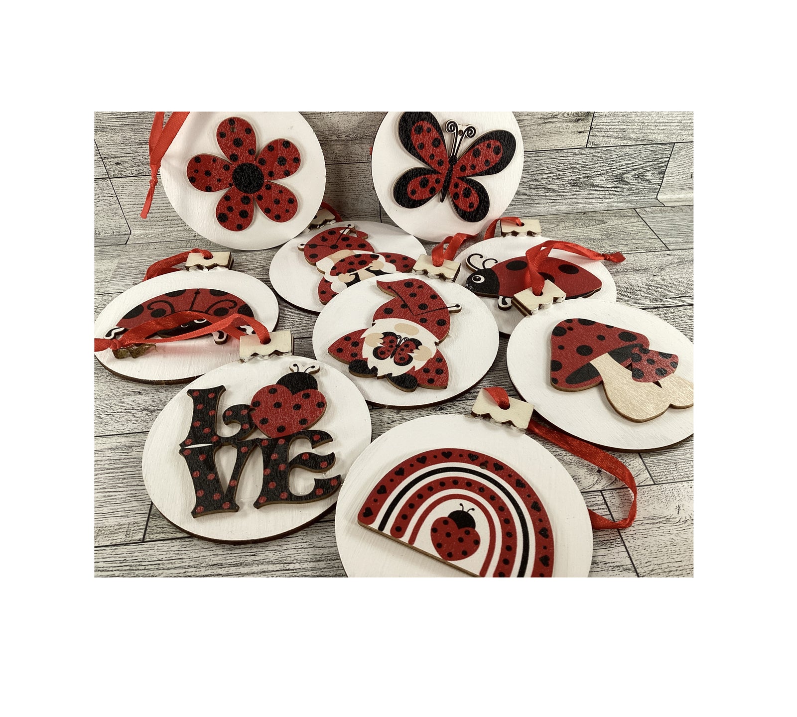 AGD Summer Decor - Ladybug Theme Layered Wood Ornaments 9pc