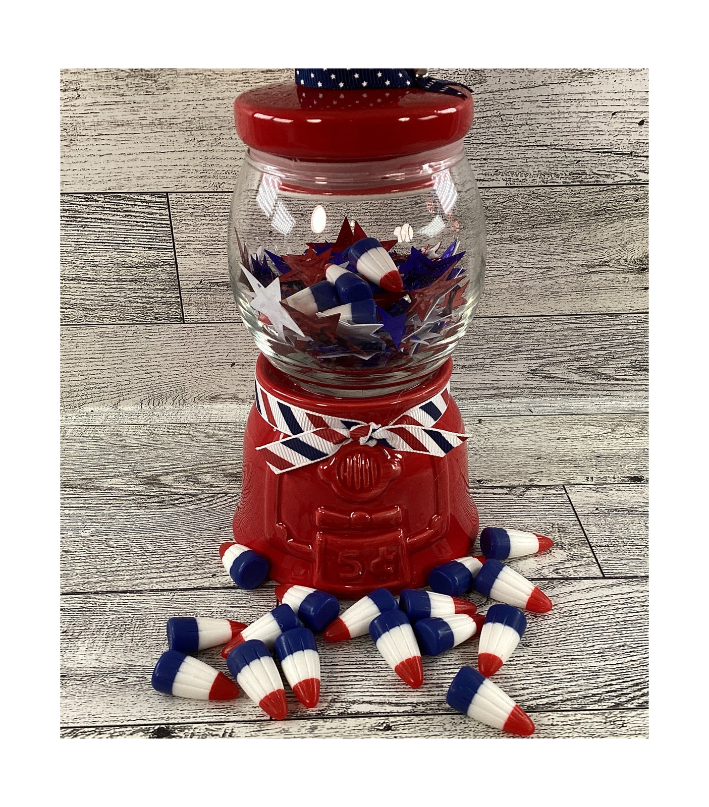 AGD Patriotic Decor - Small Ceramic Red Gumball Jar Resin Fake Candy Corn