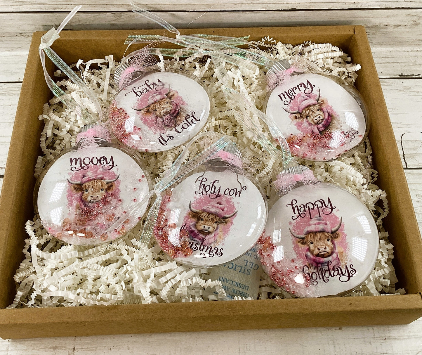 AGD Christmas Decor - Pink Highland Cow Fillable Ornaments 5pc Set