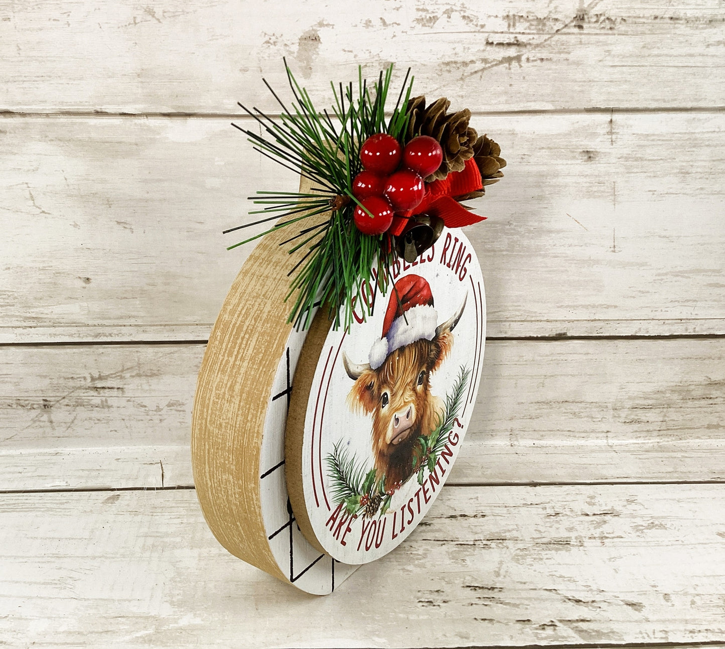 AGD Christmas Decor -  Highland Cow Bells Chunky Wood Bulb Sitter