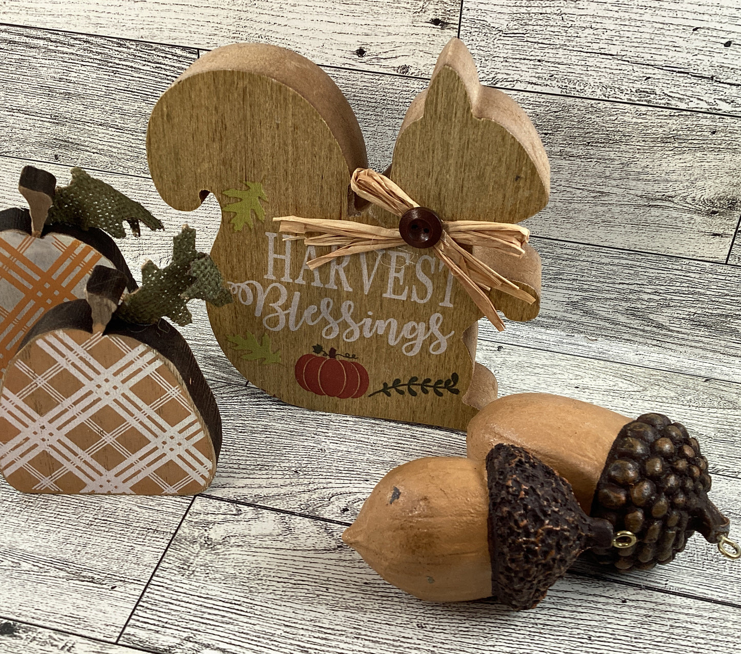 AGD Fall Decor - Chunky Wood Harvest Squirrel Pumpkins Resin Acorns 5pc