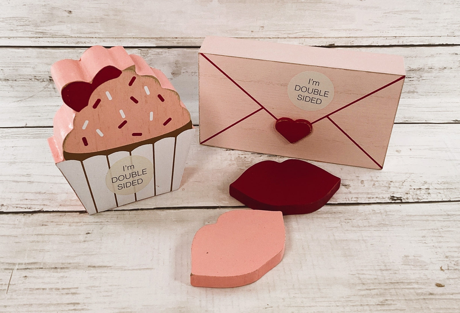 Adams Valentines Decor - Lips Cupcake Letter Reversible Chunky Wood 4pc