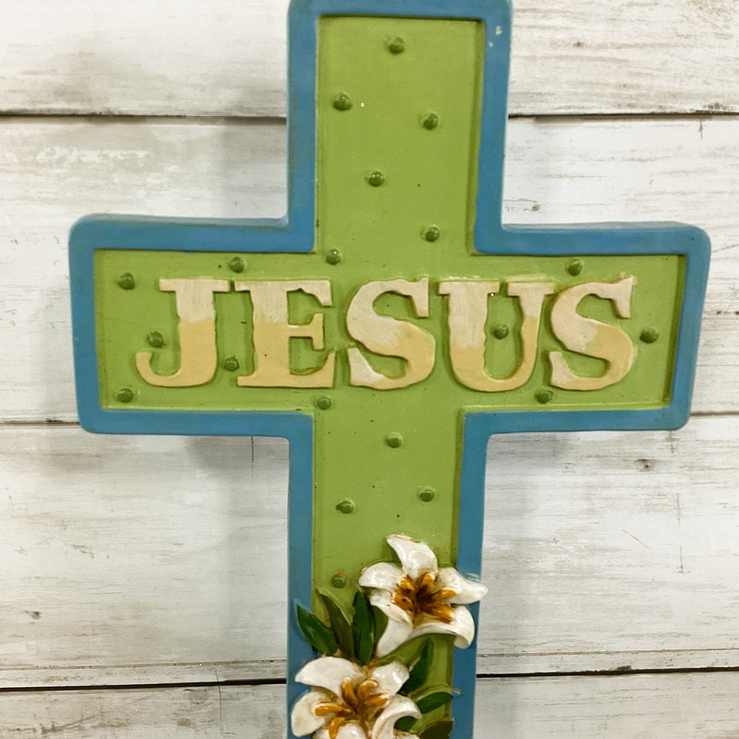 Easter Decor - Jesus Reason For Season Resin Blue Green Lilly Cross