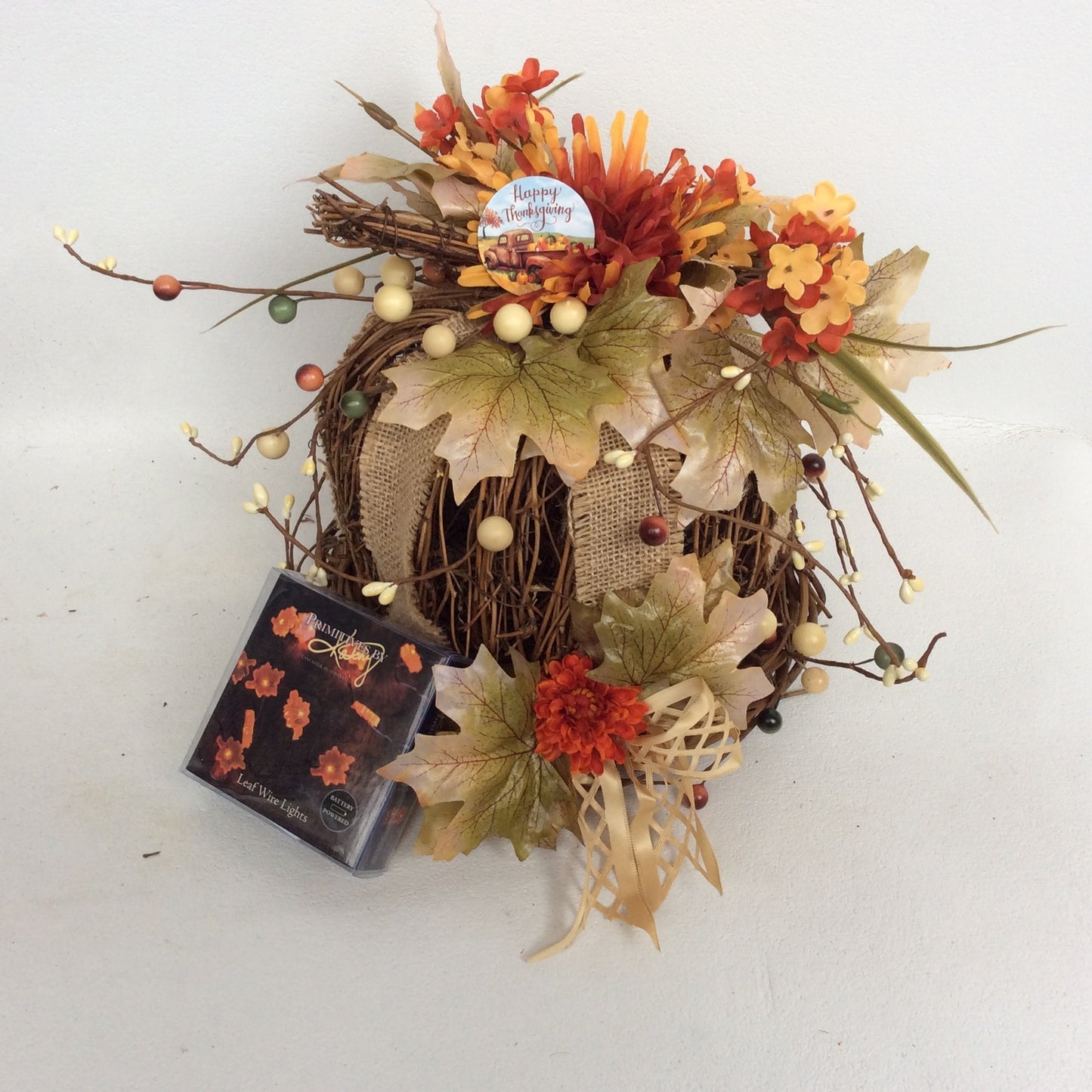 AGD Fall Decor- Happy Thanksgiving Floral Grapevine Pumpkin Display