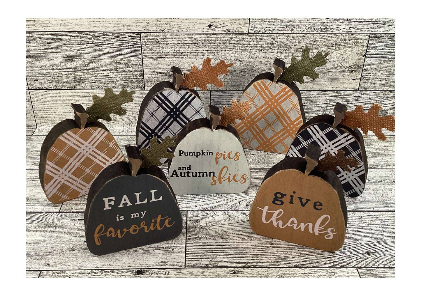 Fall Decor - Small Wood Watercolor Plaid Pumpkins Tier Tray 9pc Set