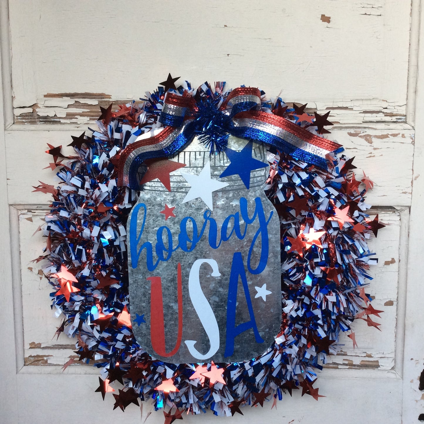 AGD Patriotic Decor - Hooray USA Metal Mason Jar Tinsel Wreath