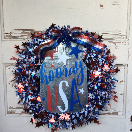 AGD Patriotic Decor - Hooray USA Metal Mason Jar Tinsel Wreath