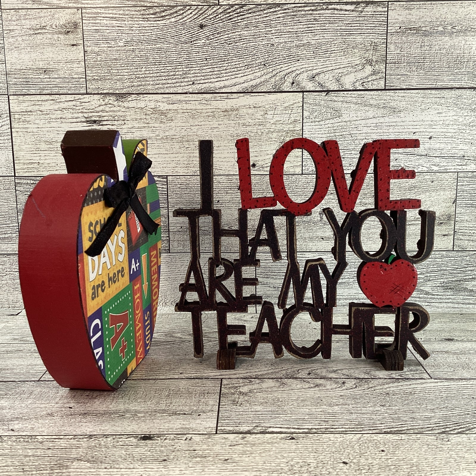 AGD Teacher Gift Decor - Love My Teacher Sign Chunky Wood Apple 2pc Set
