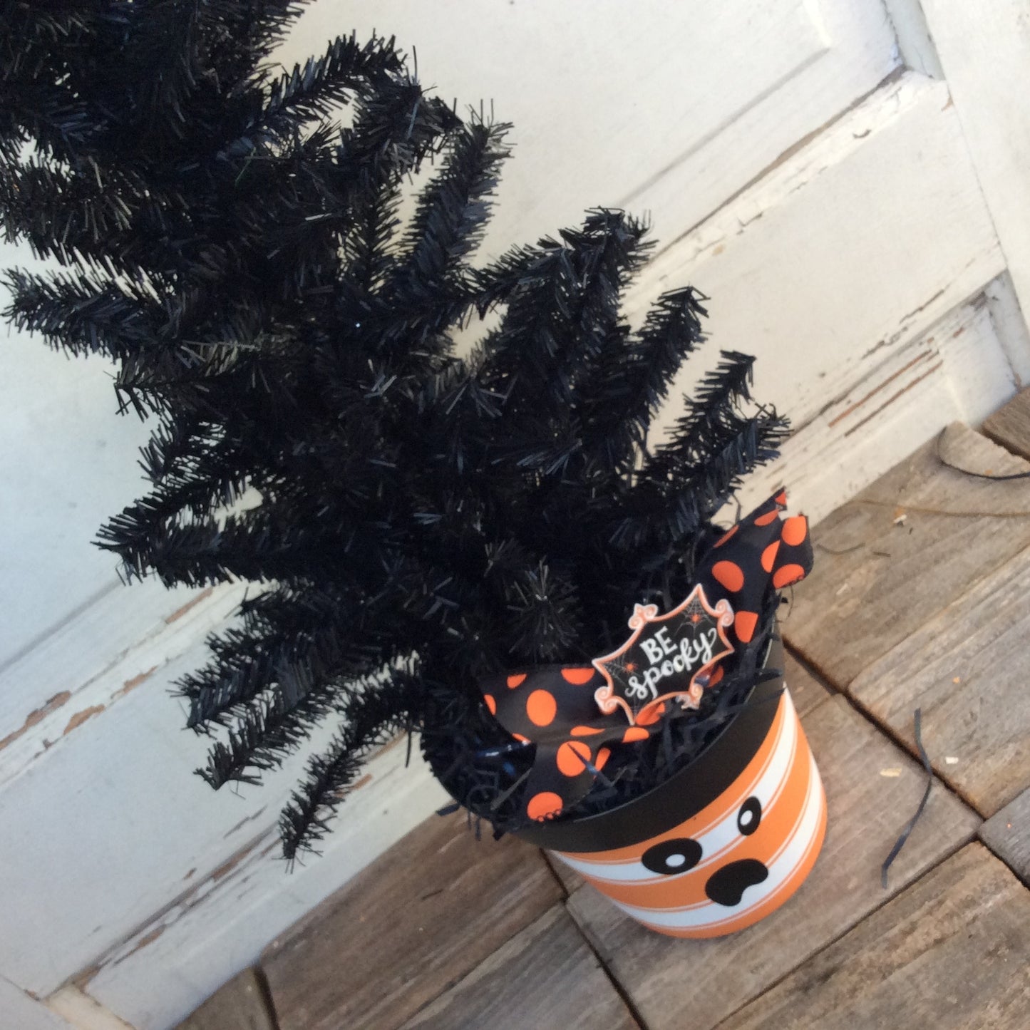 AGD Halloween Decor - Ghost Ghoul Face Artificial Black Canadian Pine Tree 2ft.