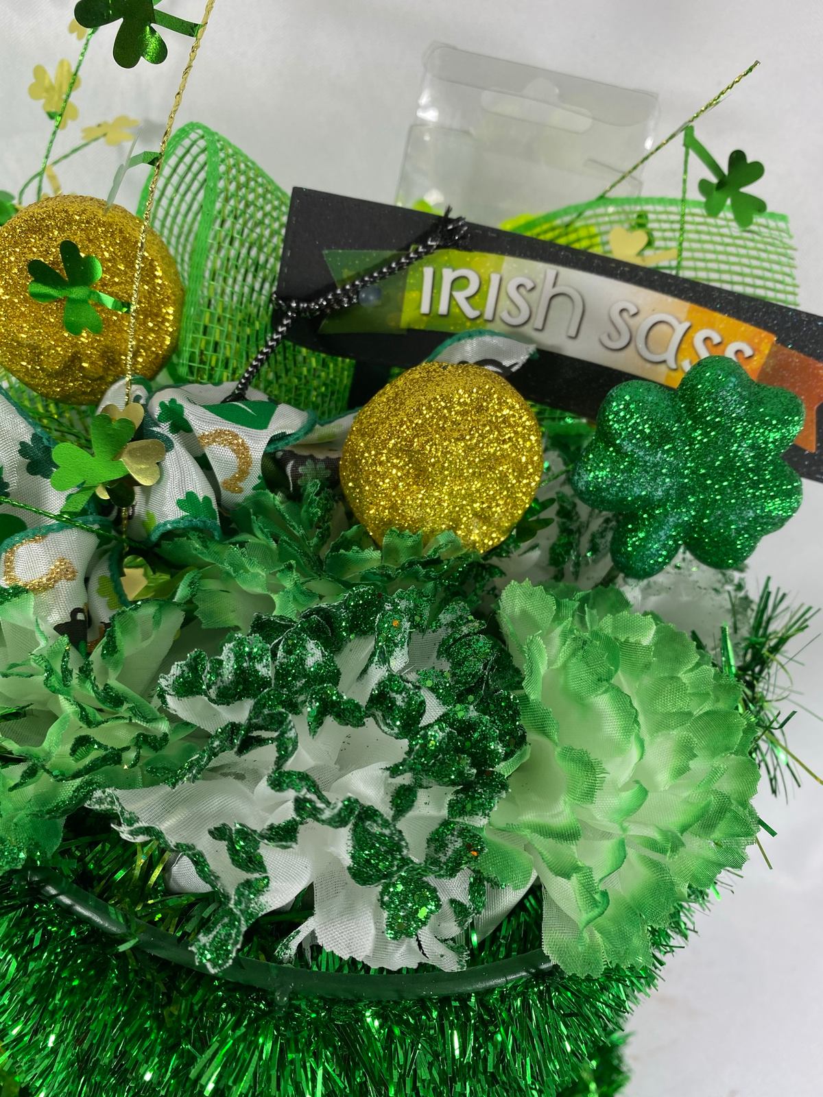 AGD St Patrick's Decor - Large Green Lighted Tinsel Tophat Centerpiece