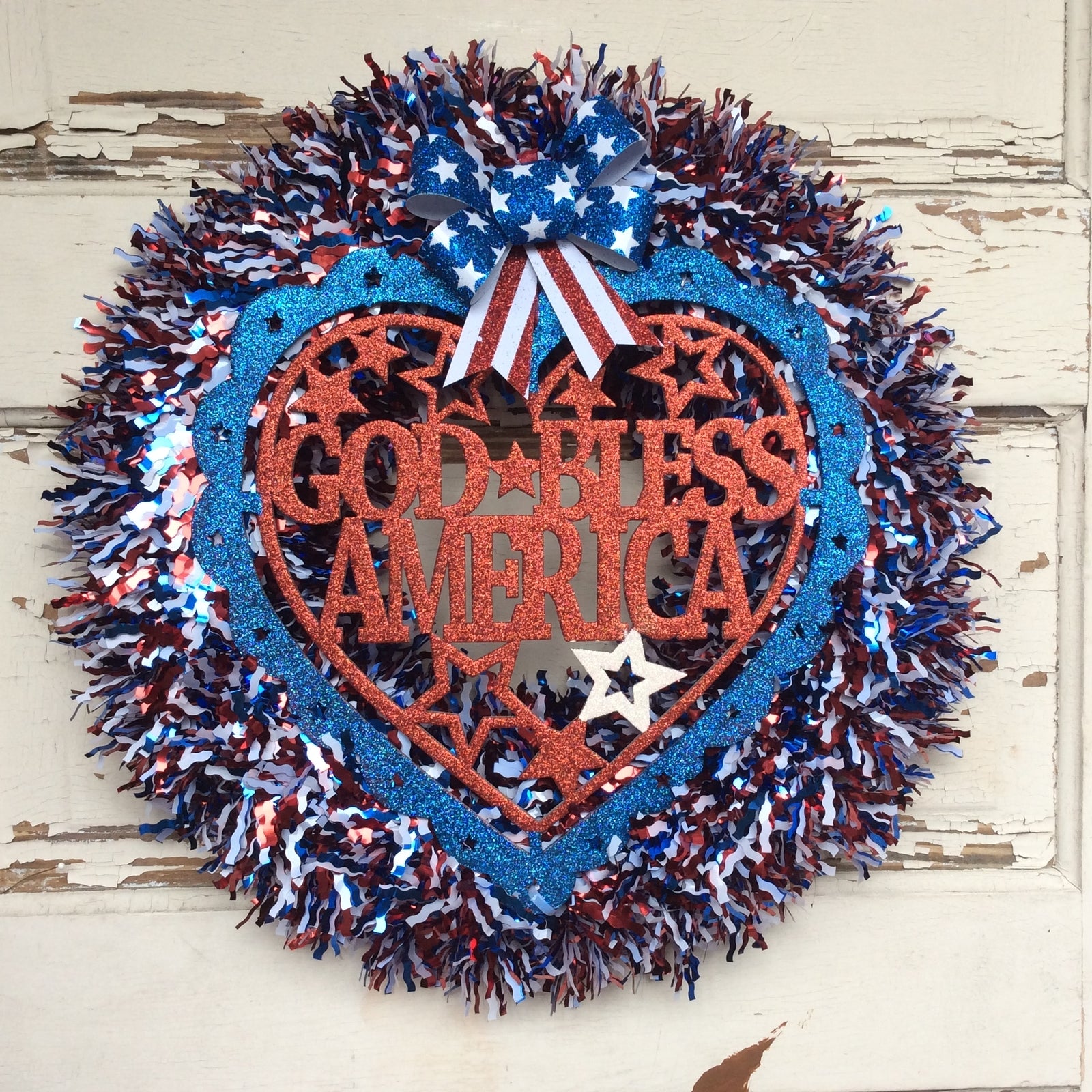 AGD Patriotic Decor - God Bless America Tinsel Wreath