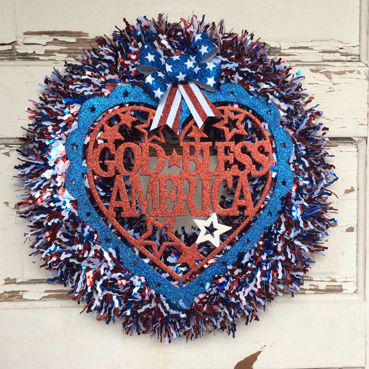 AGD Patriotic Decor - God Bless America Tinsel Wreath
