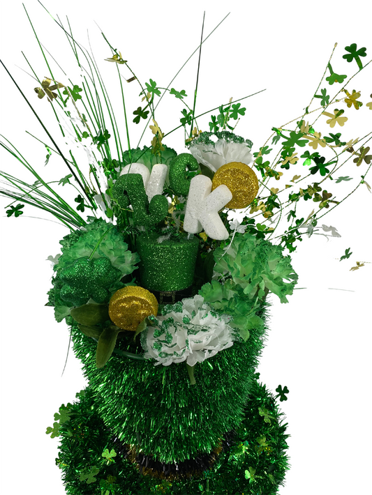 AGD St Patrick's Decor - Large Green Tinsel Tophat Centerpiece