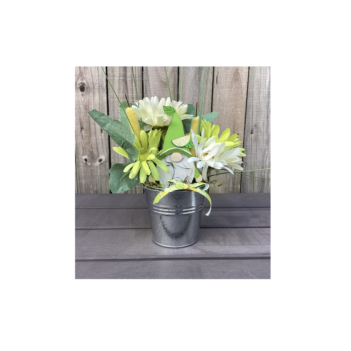 AGD Summer Decor - Green Lime Gnome Galvanized Floral Display