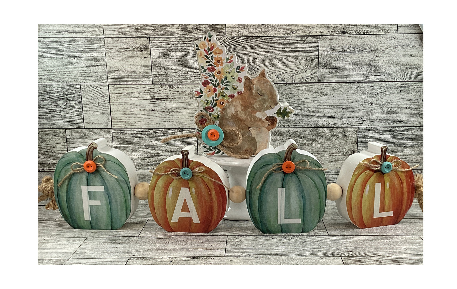 AGD Fall Decor - Chunky Wood Fall Pumpkins Water Color Squirrel 2pc