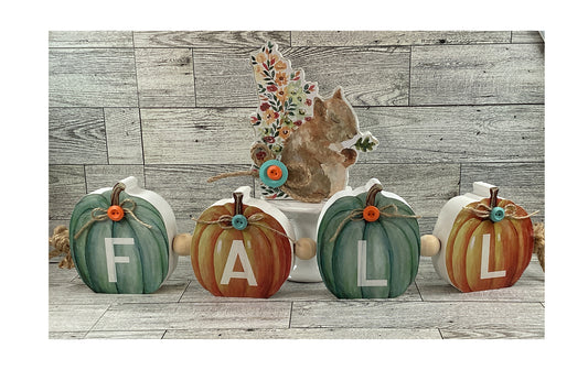 AGD Fall Decor - Chunky Wood Fall Pumpkins Water Color Squirrel 2pc