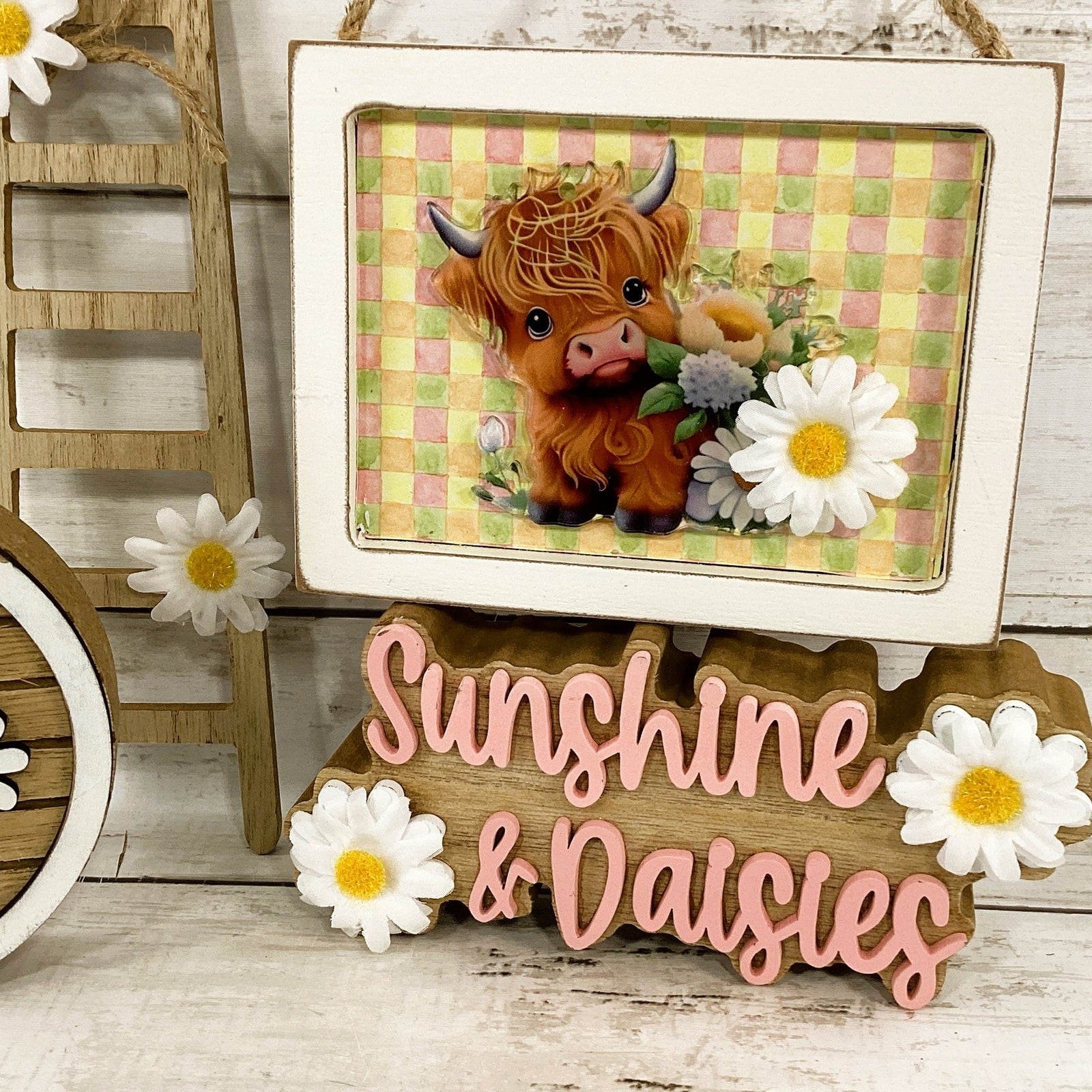 AGD Spring Decor - Daisy Sunshine Highland Cow Ladder Tier Tray 4pc