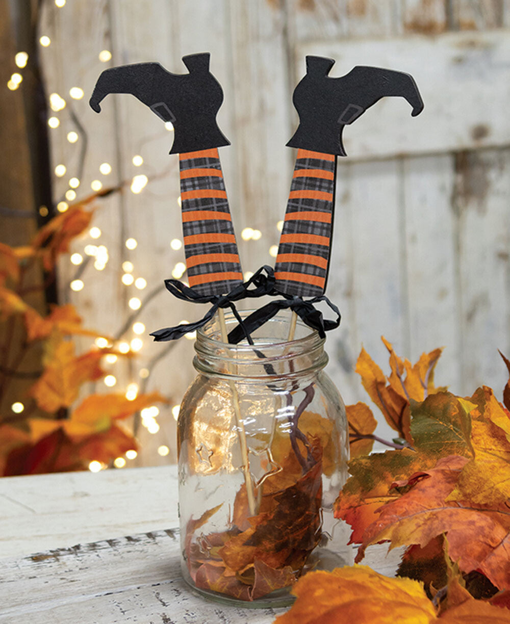 CWI Halloween Decor - Witch Feet Boot Wood Plant Pokes Pick 2pc