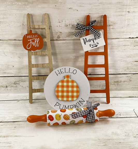 HL Fall Decor - Hello Pumpkin Theme Ladder Rolling Pin Tier Tray 4pc Set