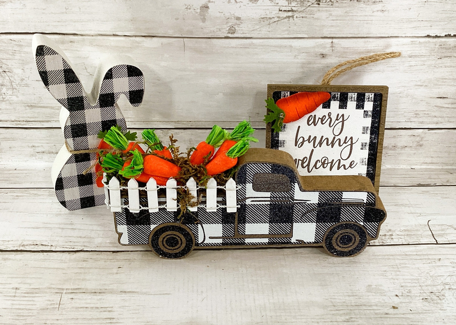 AGD Easter Decor - Bunny Welcome Black White Plaid Sign Carrot Truck 3pc