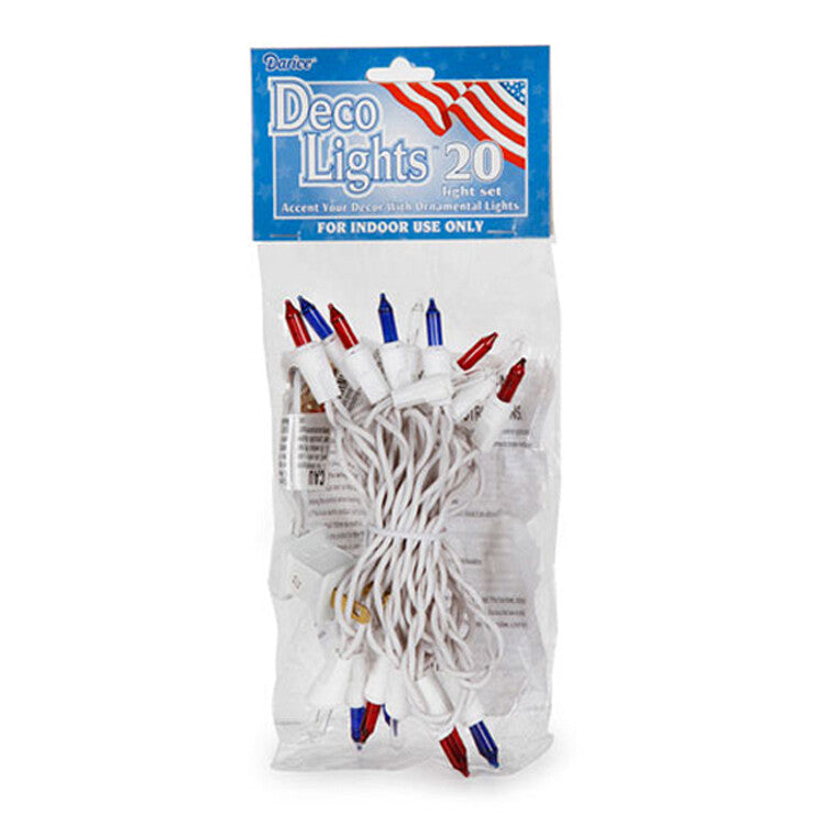Darice Deco String Lights - Patriotic 20 Red White Blue Bulbs White Cord