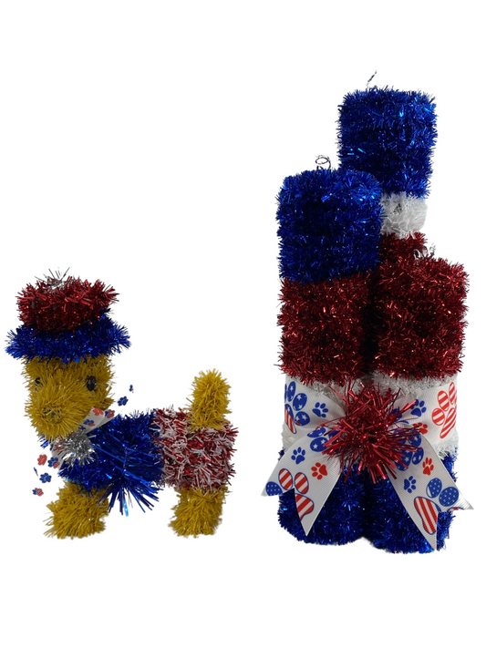 AGD Patriotic Decor -  July 4th Tinsel Dog and Firecracker Display 2pc