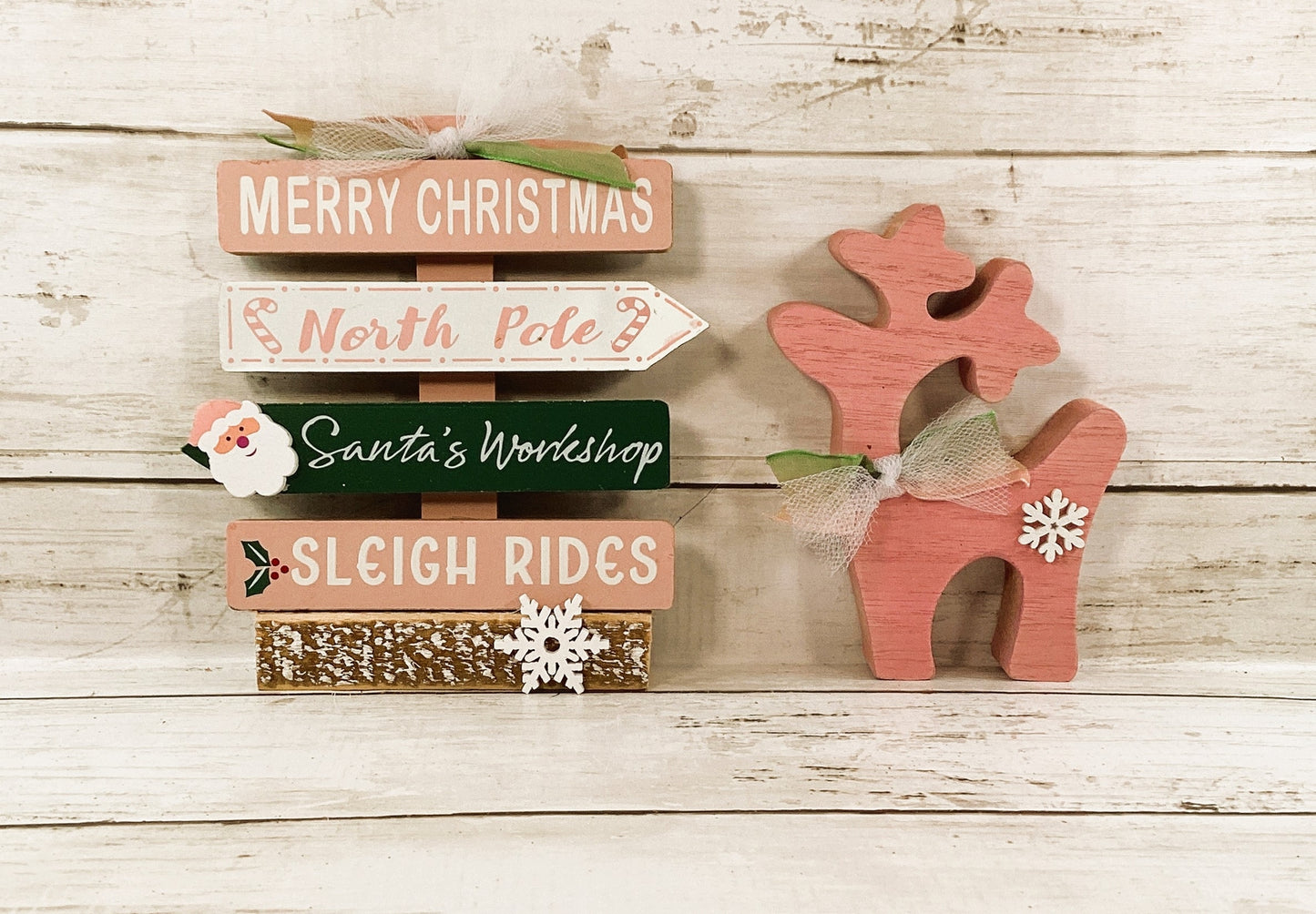 AGD Christmas Decor - Retro Pink Green Reindeer Directional Sign 2pc