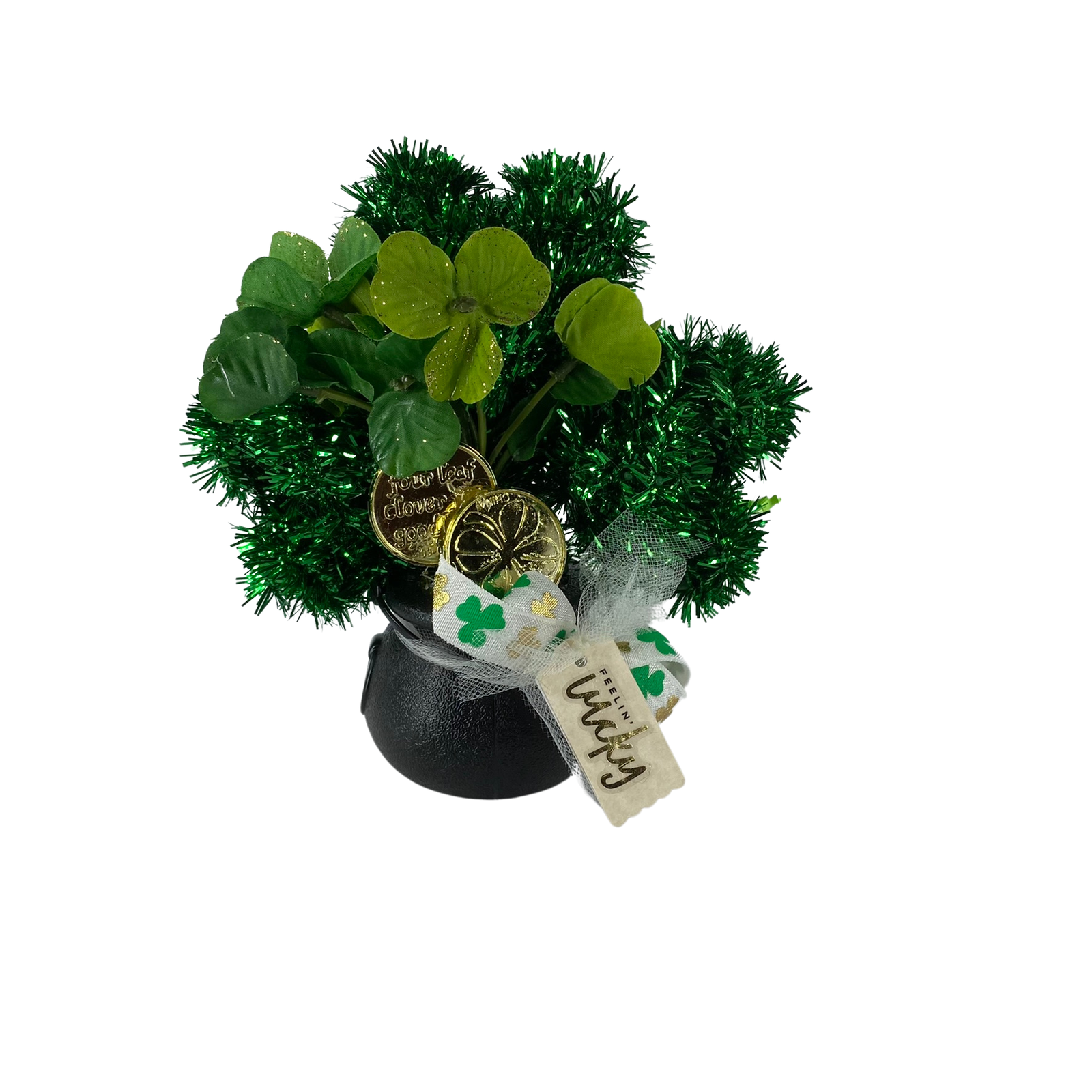 AGD St Patrick's Decor -  Tinsel Shamrock Black Pot Of Gold Display