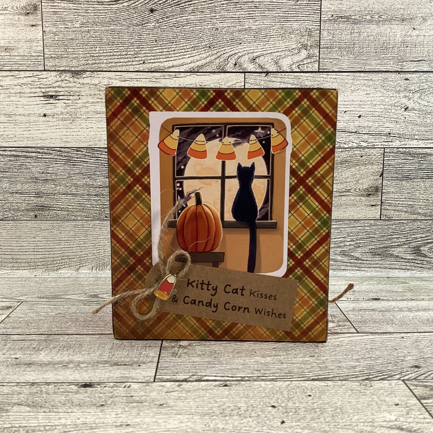 AGD Halloween Decor - Candy Corn Pumpkin Spice Cat Reversible Box Sign