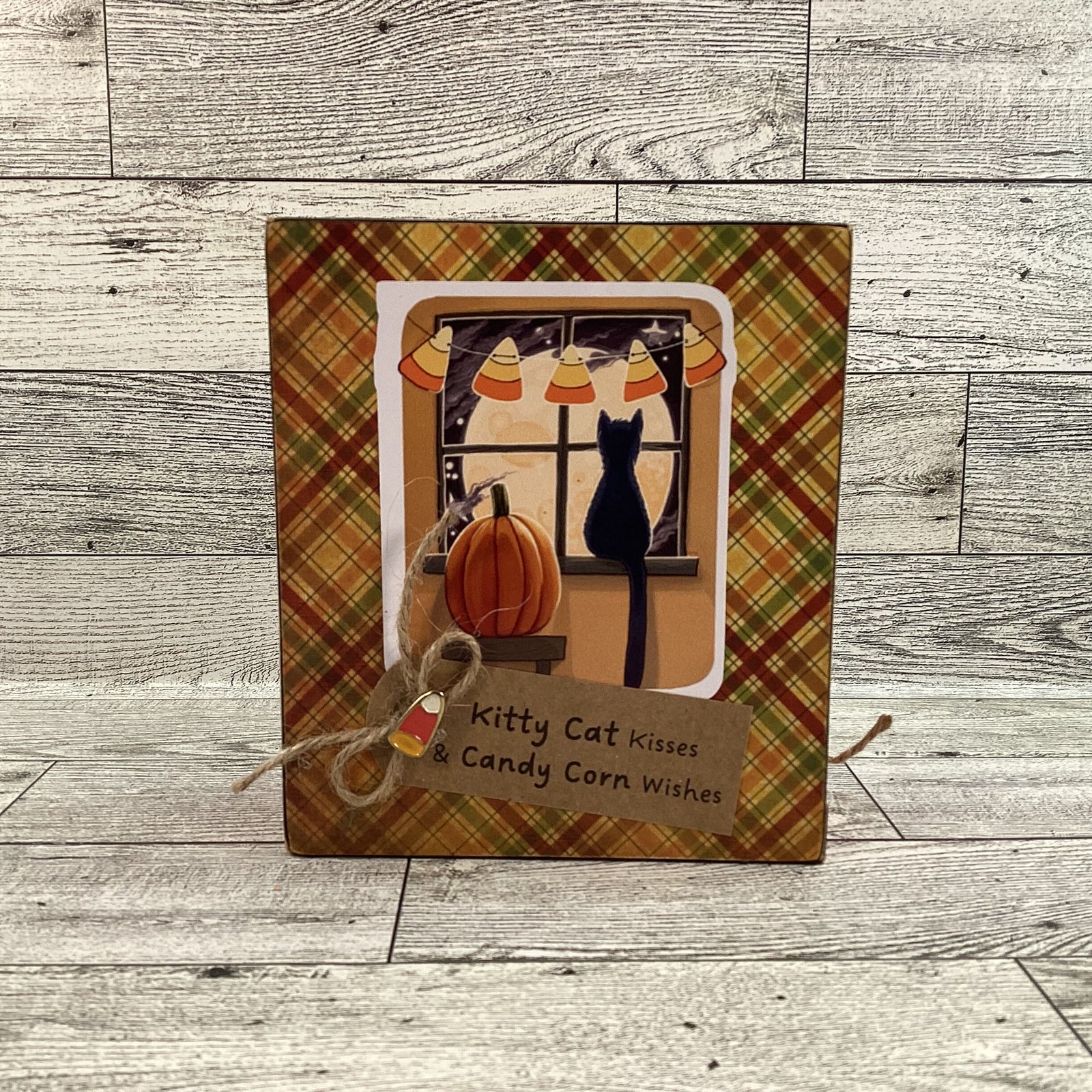 AGD Halloween Decor - Candy Corn Pumpkin Spice Cat Reversible Box Sign