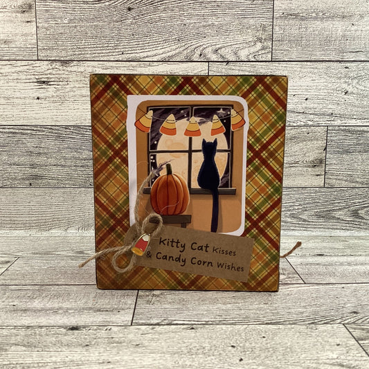 AGD Halloween Decor - Candy Corn Pumpkin Spice Cat Reversible Box Sign