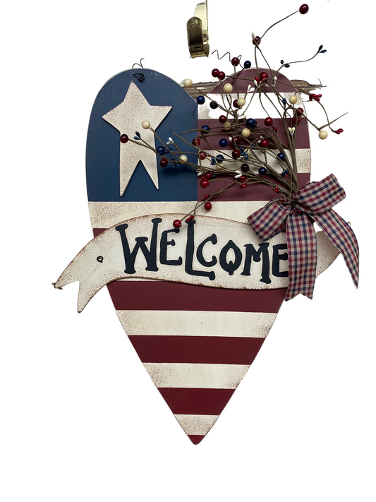 Patriotic Decor - Welcome Heart American Flag With Ribbon