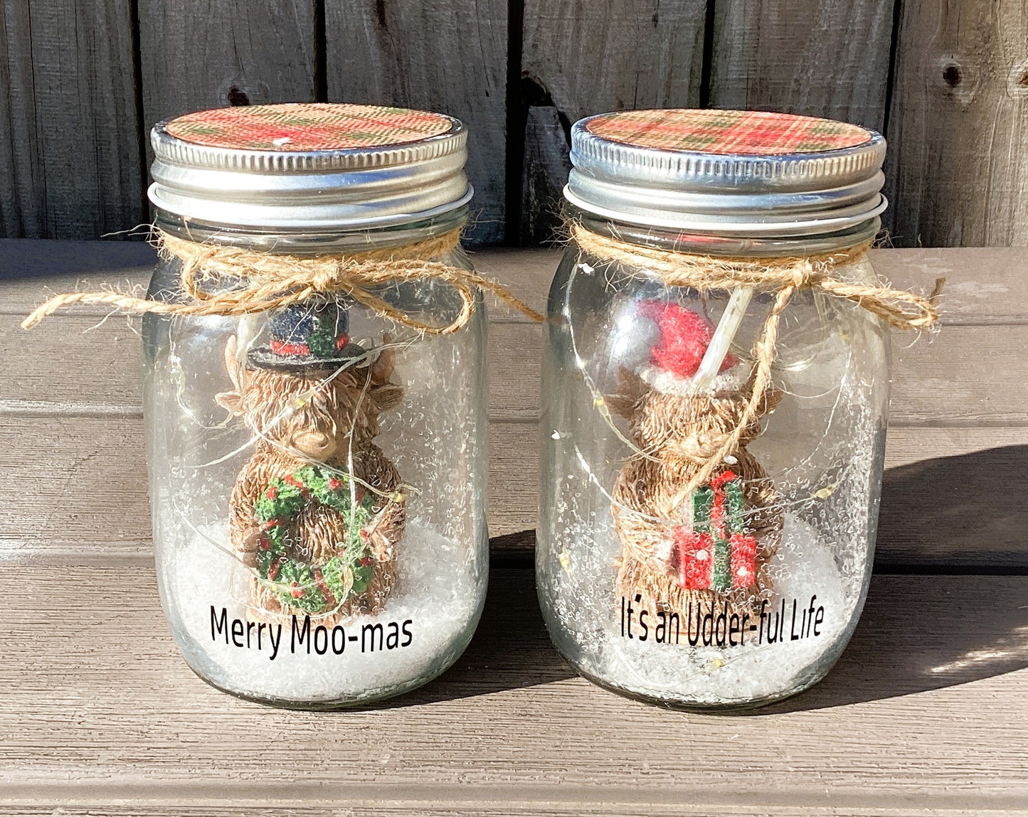 AGD Christmas Decor - Highland Scottish Cow Lighted Mason Jars 2pc
