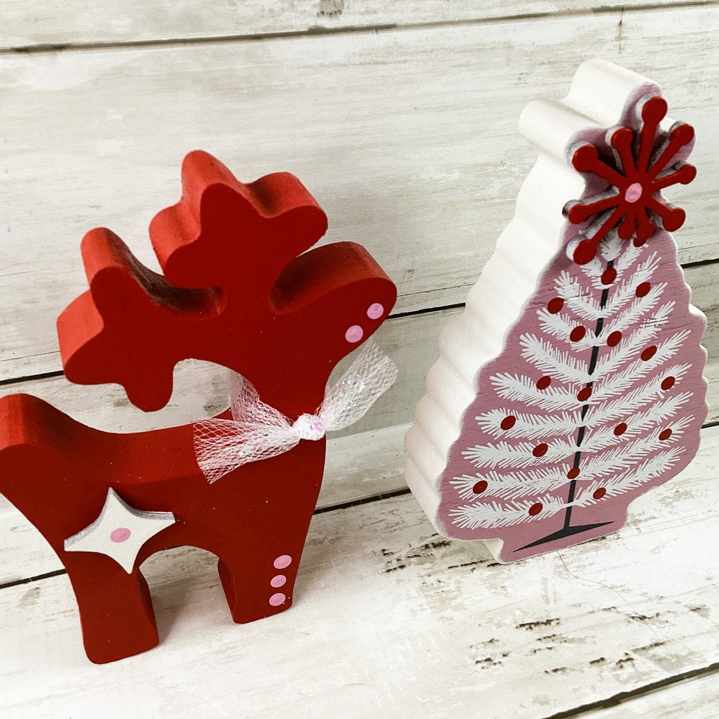 AGD Christmas Decor - Pink Red Mid Century Tree SM Reindeer Display 2pc