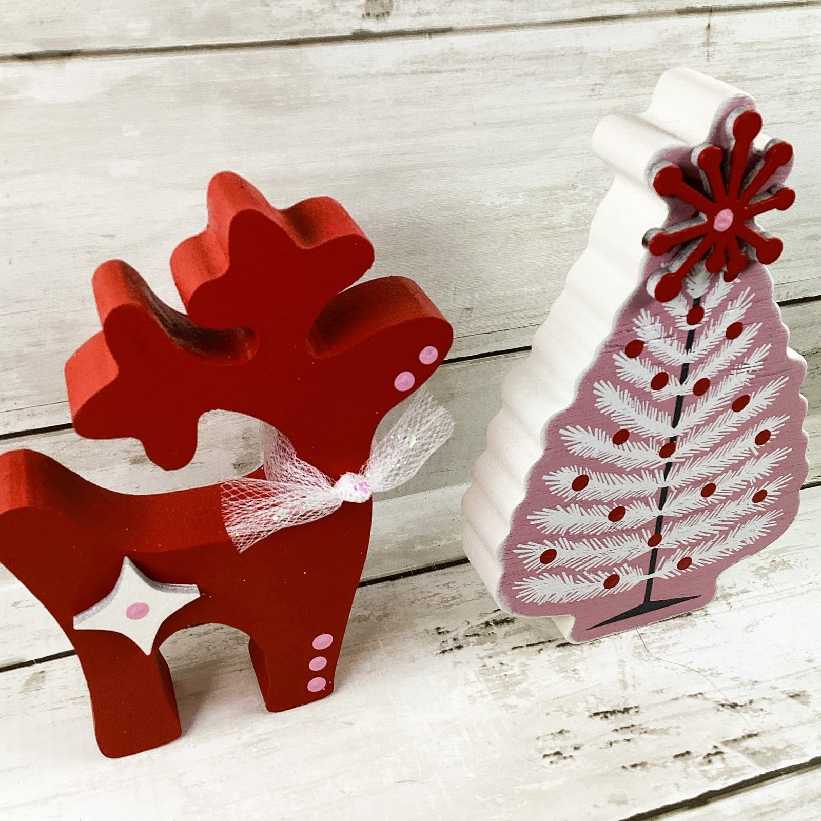AGD Christmas Decor - Pink Red Mid Century Tree SM Reindeer Display 2pc