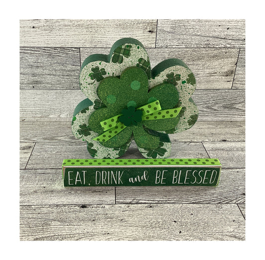 AGD St Patrick's Decor - Drink Be Blessed Chunky Shamrock & Sign 2pc.