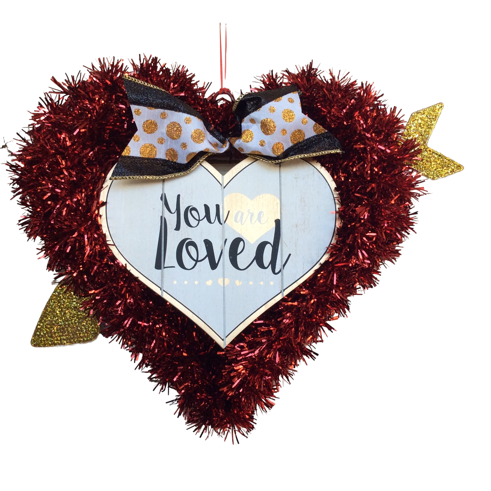 AGD Valentines Decor - Red White Black You Are Loved Heart Tinsel Wreath