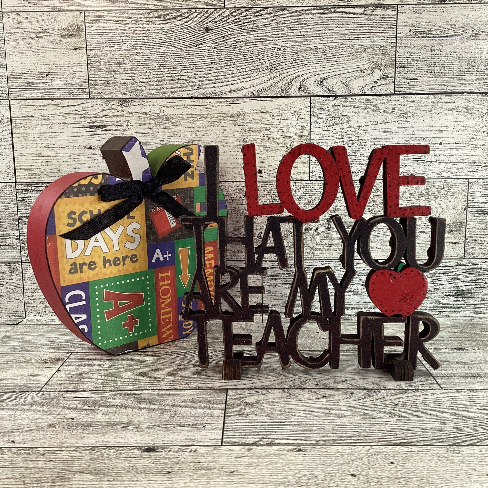 AGD Teacher Gift Decor - Love My Teacher Sign Chunky Wood Apple 2pc Set