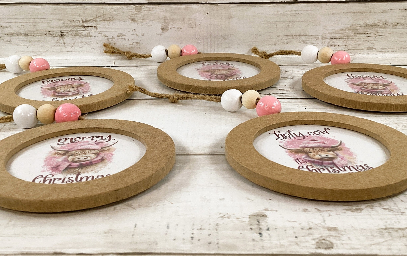 AGD Christmas Decor - Pink Highland Scottish Cow Ornaments 4pc Set