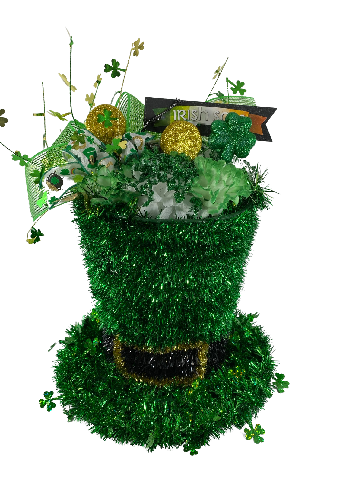 AGD St Patrick's Decor - Large Green Lighted Tinsel Tophat Centerpiece