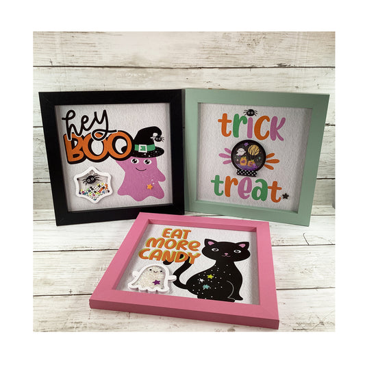 Halloween Decor Pastel Cat Ghost Trick Treat Shaker Signs 3pc Set