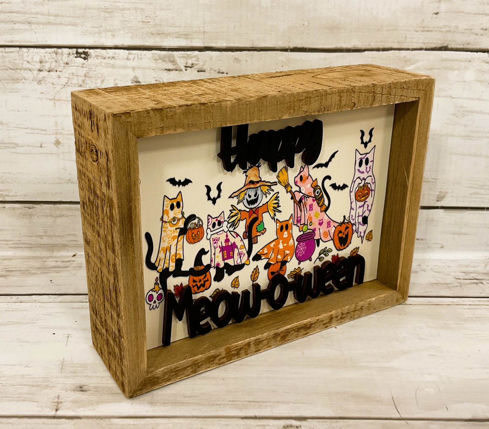 AGD Halloween Decor - Kitty Cats Happy Meow-o-Ween Ghost Box Sign